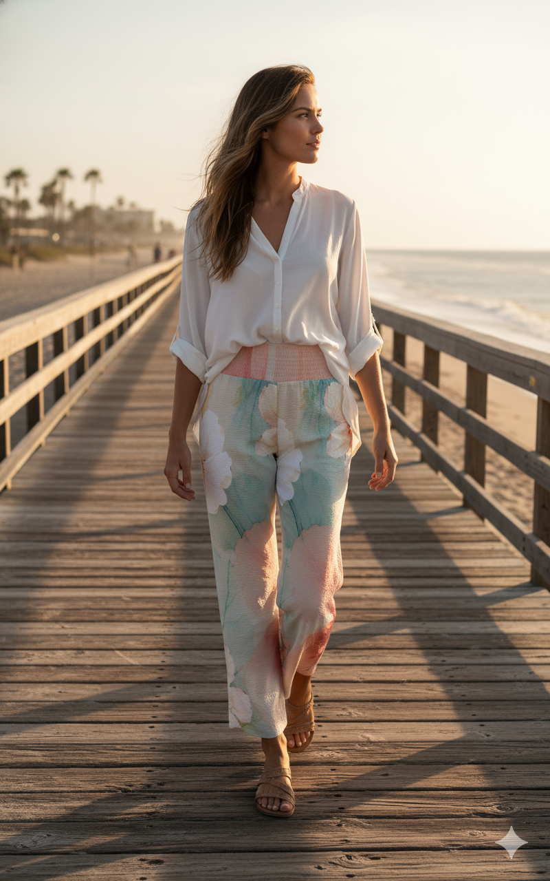 Pantalon large taille haute smockée avec poches – fleurs aquarelle (S à 5XL) - Big Smiles All Sizes