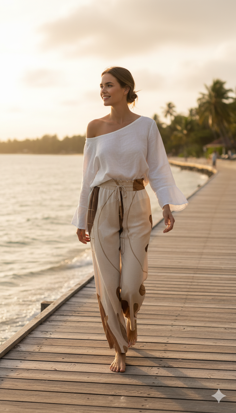 Pantalon large beige motifs feuilles – taille haute élastique à cordon & poches (XS à 5XL) - Big Smiles All Sizes