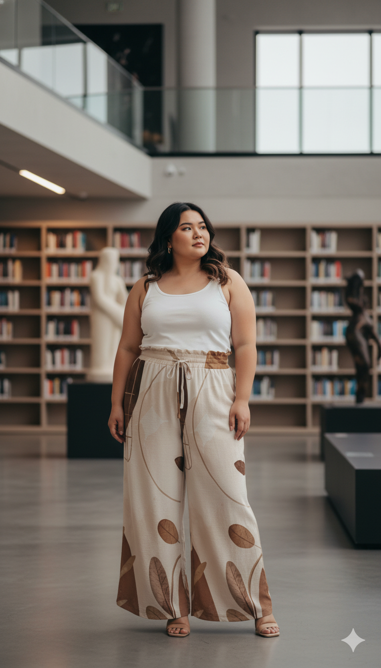 Pantalon large beige motifs feuilles – taille haute élastique à cordon & poches (XS à 5XL) - Big Smiles All Sizes