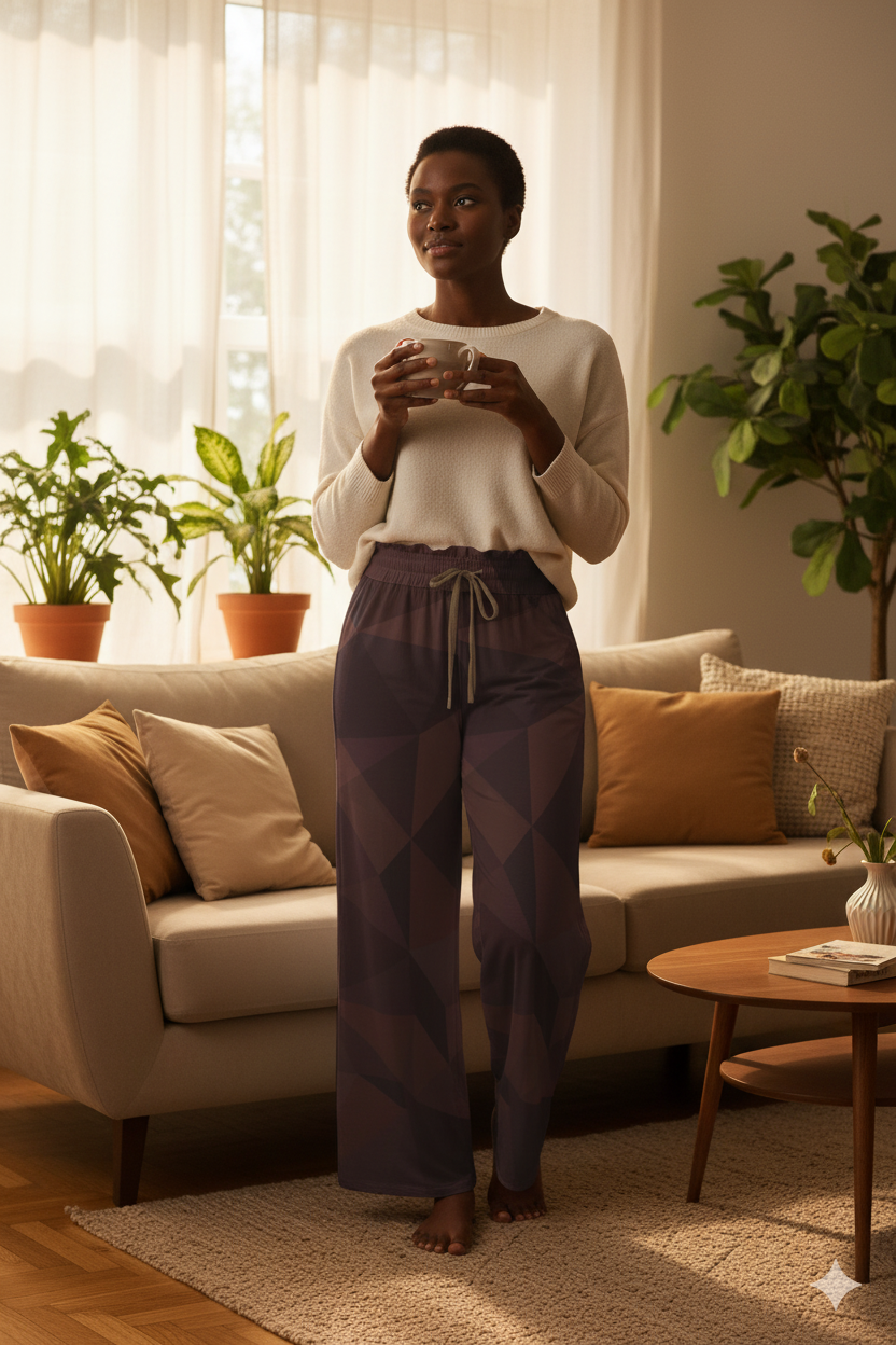 Pantalon large géométrique brun – taille haute élastique à cordon & poches (XS à 5XL) - Big Smiles All Sizes