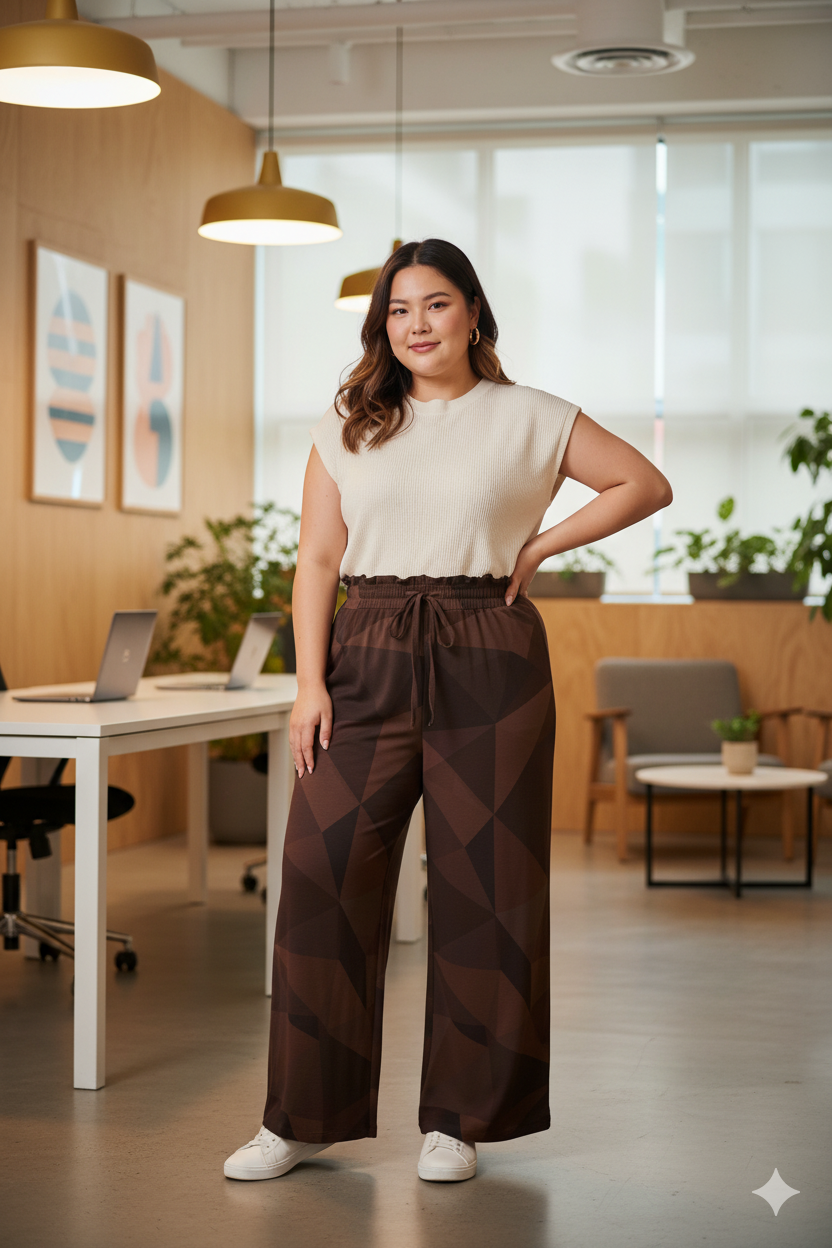 Pantalon large géométrique brun – taille haute élastique à cordon & poches (XS à 5XL) - Big Smiles All Sizes