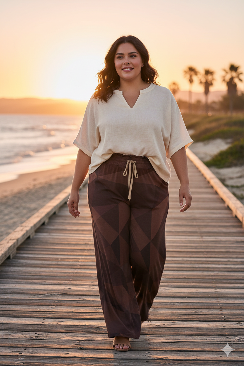 Pantalon large géométrique brun – taille haute élastique à cordon & poches (XS à 5XL) - Big Smiles All Sizes