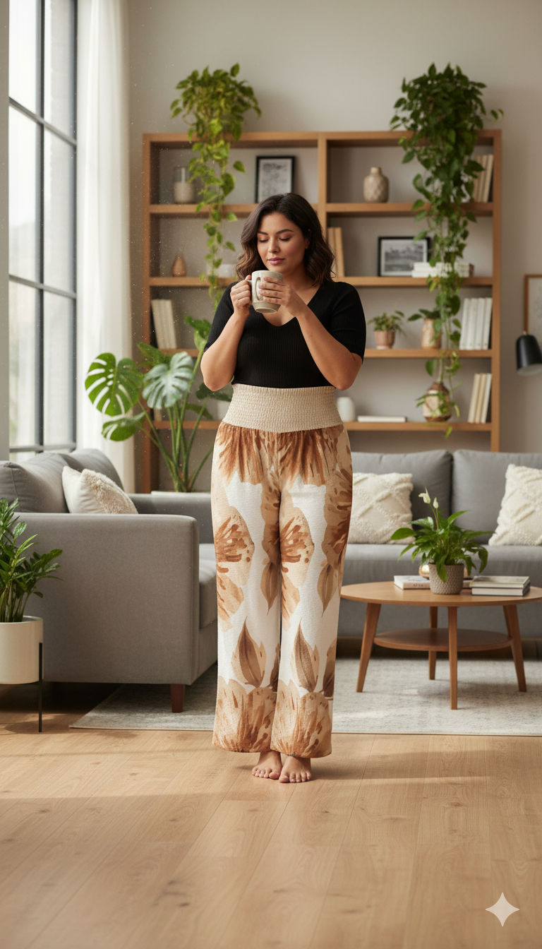 Pantalon large fleurs brunes – taille haute smockée avec poches (S à 5XL) - Big Smiles All Sizes