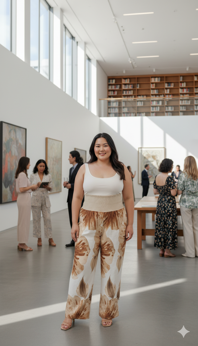 Pantalon large fleurs brunes – taille haute smockée avec poches (S à 5XL) - Big Smiles All Sizes