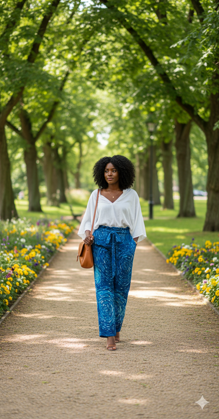 Pantalon large bleu à spirales – taille élastique à nouer & poches (S à 5XL) - Big Smiles All Sizes