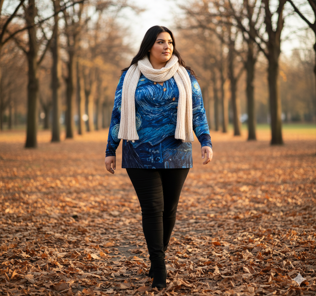 T-shirt manches longues femme – col asymétrique boutonné, imprimé “nuit étoilée” (S à 5XL) - Big Smiles All Sizes