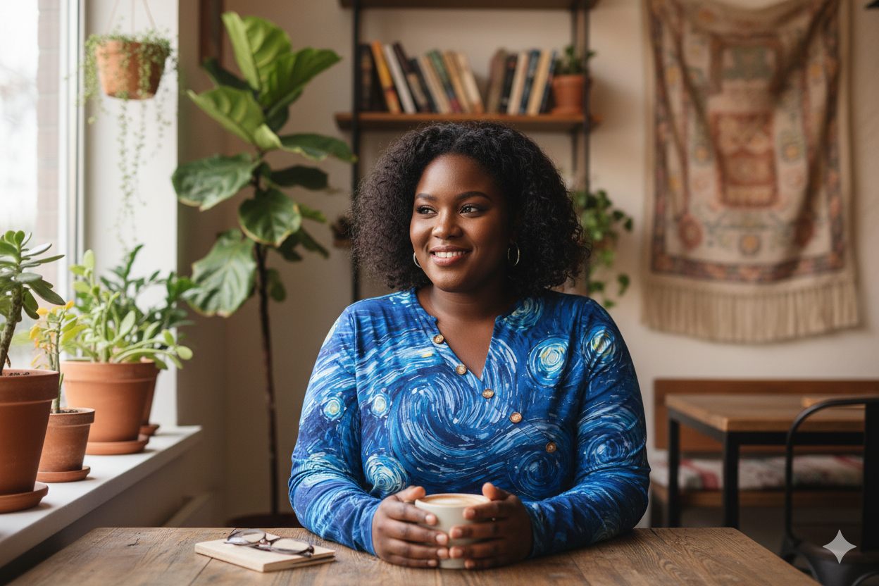 T-shirt manches longues femme – col asymétrique boutonné, imprimé “nuit étoilée” (S à 5XL) - Big Smiles All Sizes