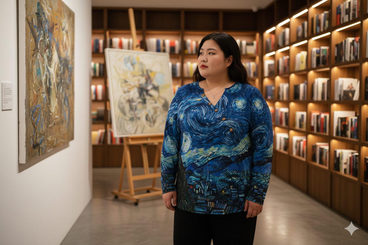 T-shirt manches longues femme – col asymétrique boutonné, imprimé “nuit étoilée” (S à 5XL) - Big Smiles All Sizes