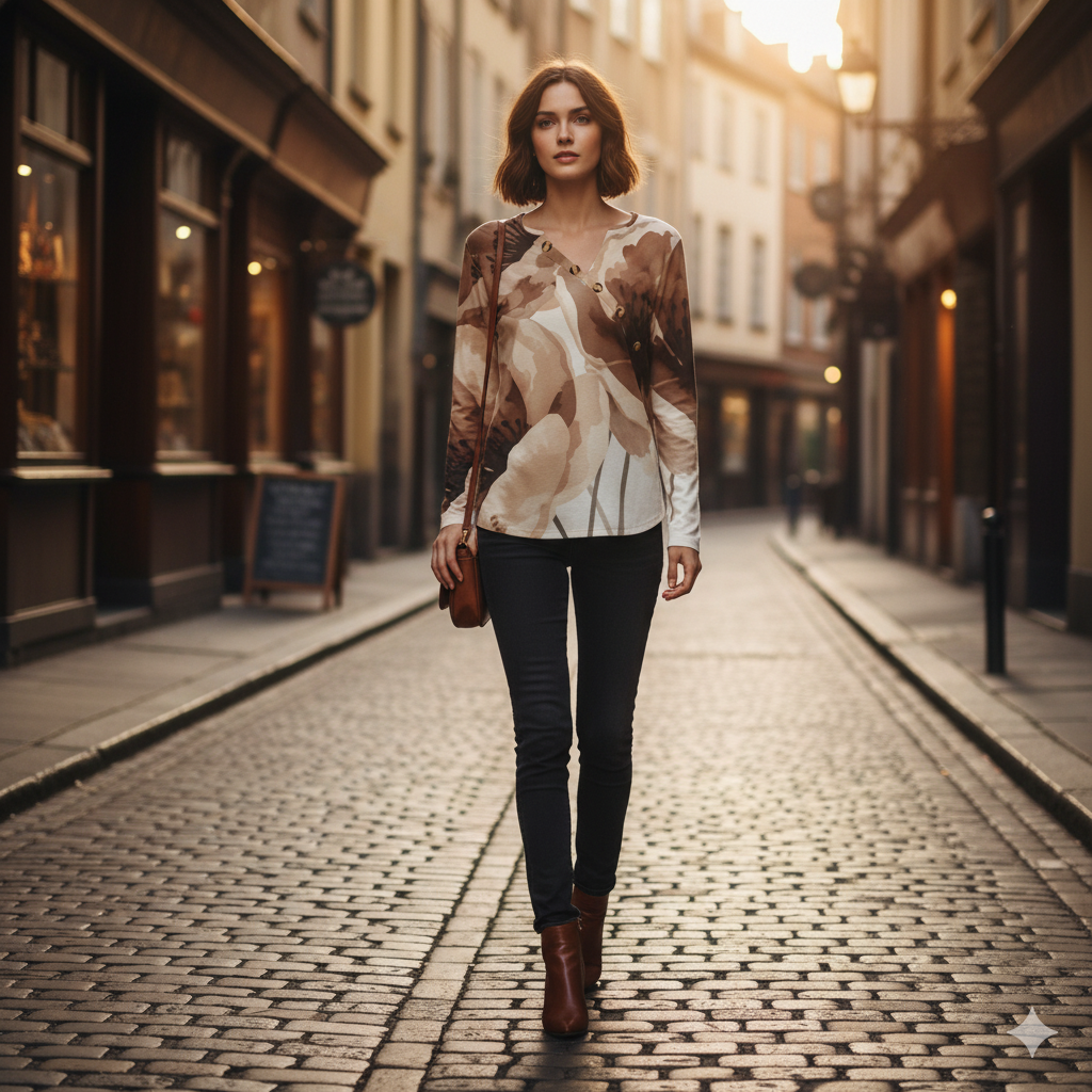 T-shirt femme manches longues à col asymétrique boutonné – imprimé fleurs brunes aquarelle (S à 5XL) - Big Smiles All Sizes