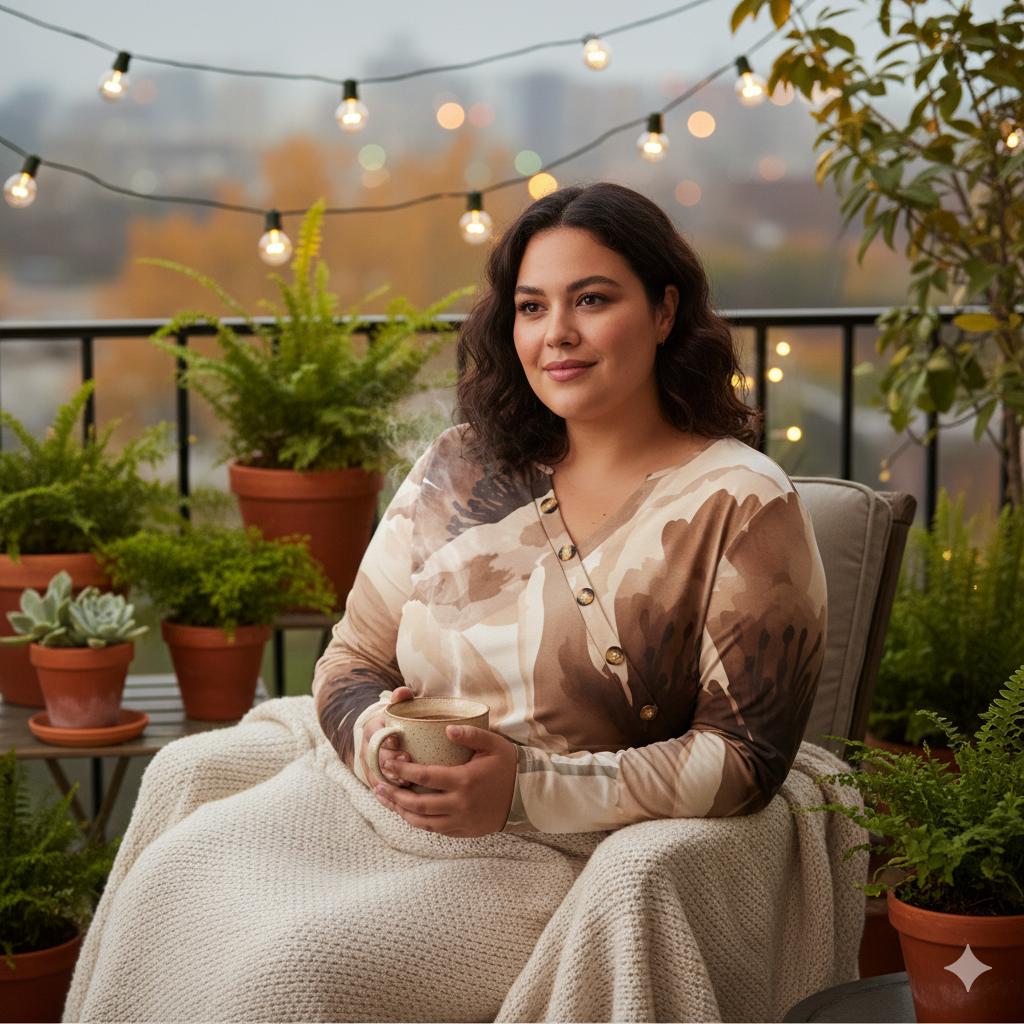 T-shirt femme manches longues à col asymétrique boutonné – imprimé fleurs brunes aquarelle (S à 5XL) - Big Smiles All Sizes