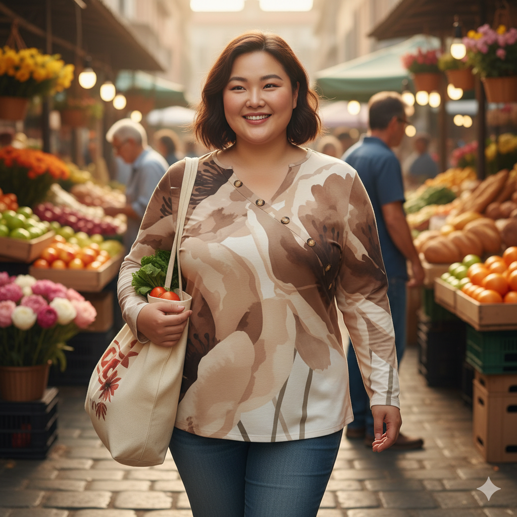 T-shirt femme manches longues à col asymétrique boutonné – imprimé fleurs brunes aquarelle (S à 5XL) - Big Smiles All Sizes