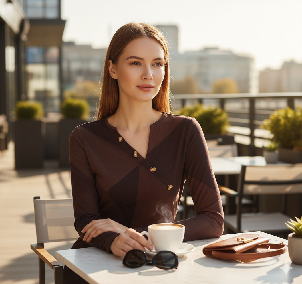 T-shirt femme manches longues – col asymétrique boutonné, imprimé géométrique brun (S à 5XL) - Big Smiles All Sizes
