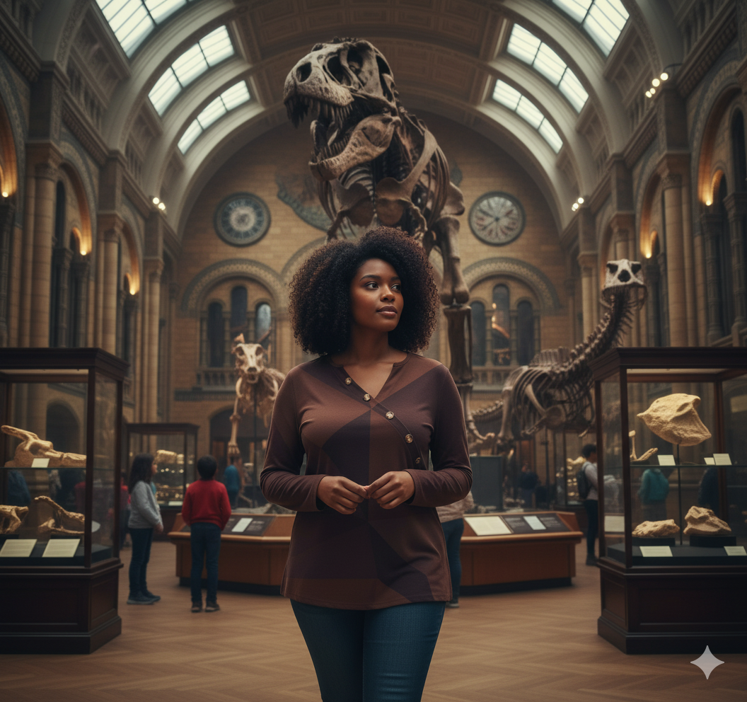 T-shirt femme manches longues – col asymétrique boutonné, imprimé géométrique brun (S à 5XL) - Big Smiles All Sizes