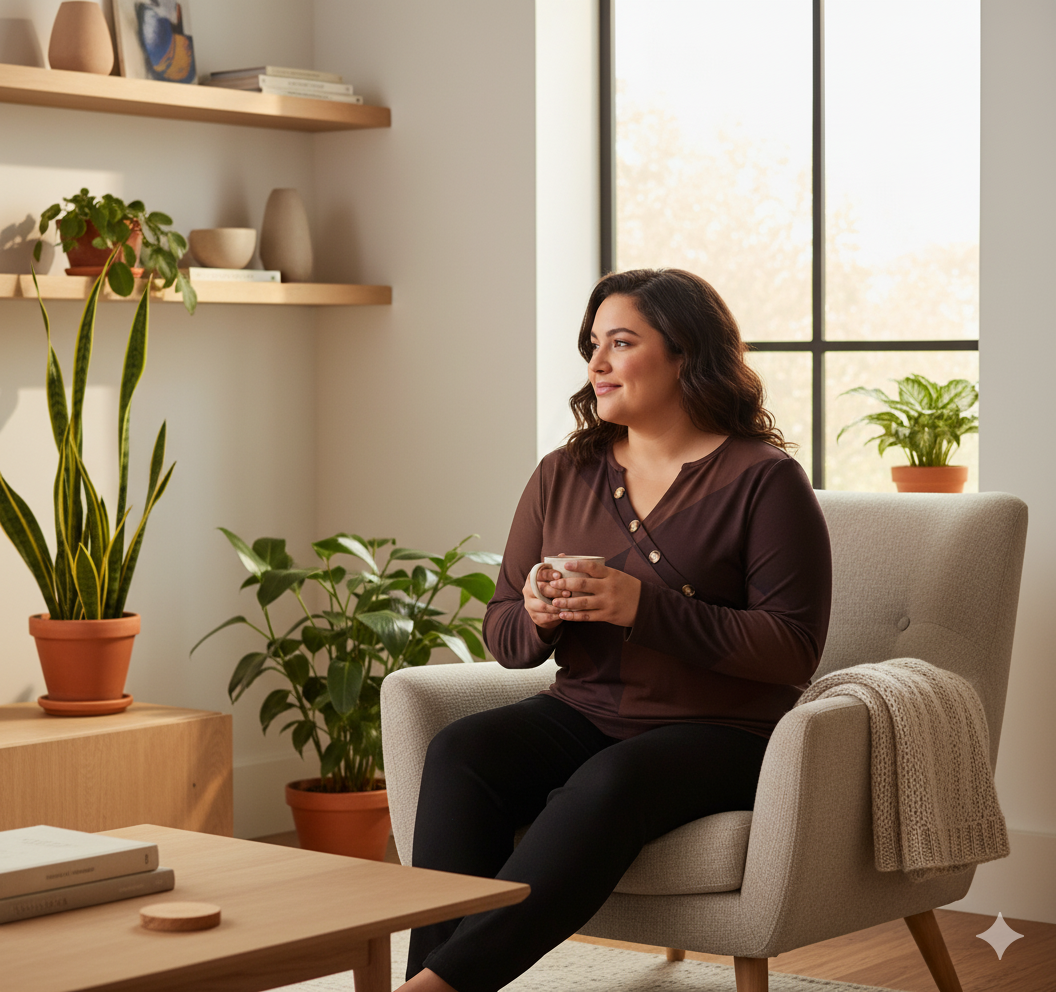 T-shirt femme manches longues – col asymétrique boutonné, imprimé géométrique brun (S à 5XL) - Big Smiles All Sizes