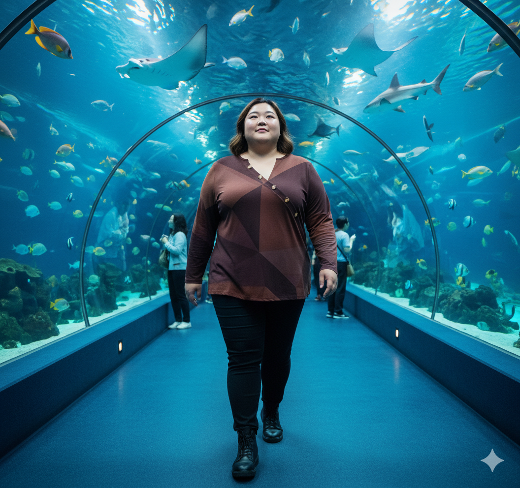 T-shirt femme manches longues – col asymétrique boutonné, imprimé géométrique brun (S à 5XL) - Big Smiles All Sizes