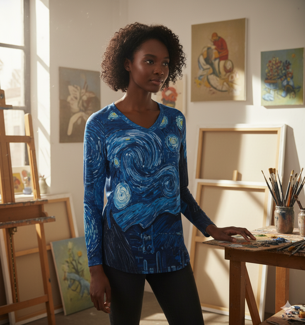 T-shirt manches longues loose à col V – imprimé “nuit étoilée” (S à 5XL) - Big Smiles All Sizes