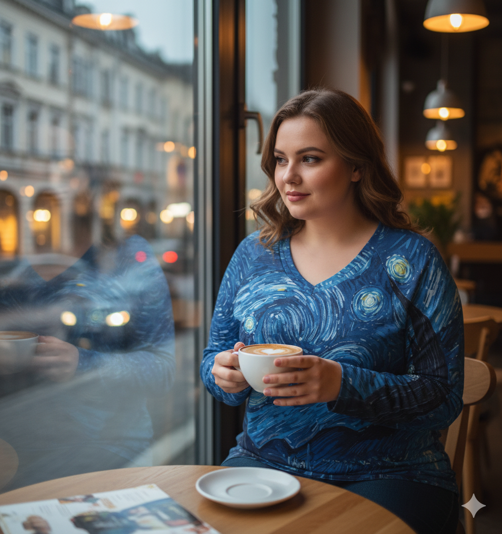 T-shirt manches longues loose à col V – imprimé “nuit étoilée” (S à 5XL) - Big Smiles All Sizes