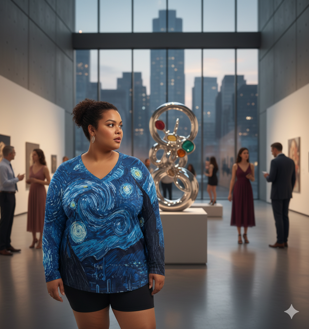 T-shirt manches longues loose à col V – imprimé “nuit étoilée” (S à 5XL) - Big Smiles All Sizes