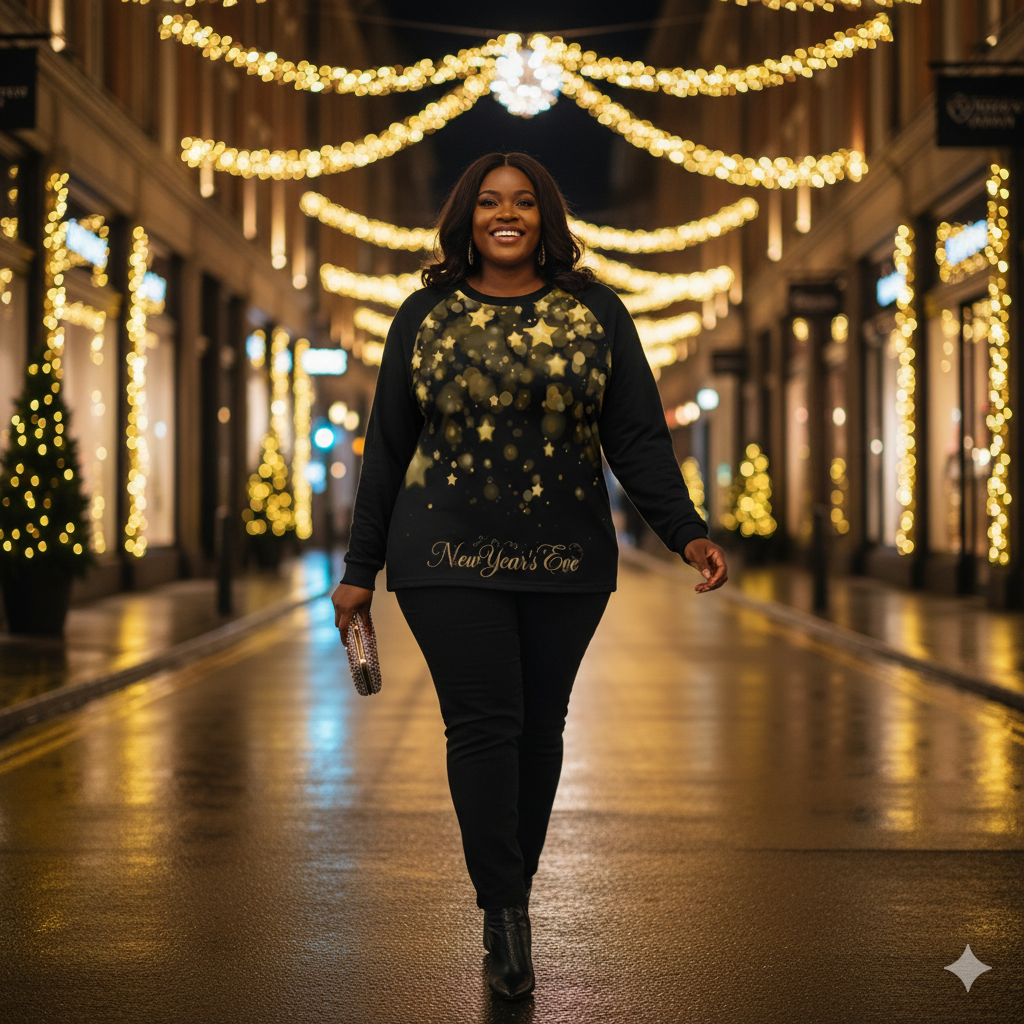 T-shirt raglan femme manches longues noir & étoiles dorées – spécial fêtes (S à 6XL) - Big Smiles All Sizes