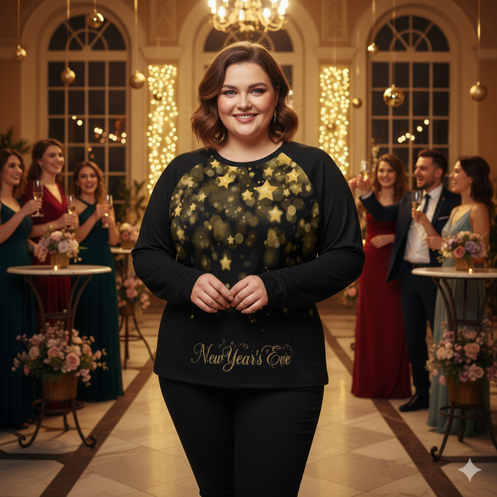 T-shirt raglan femme manches longues noir & étoiles dorées – spécial fêtes (S à 6XL) - Big Smiles All Sizes