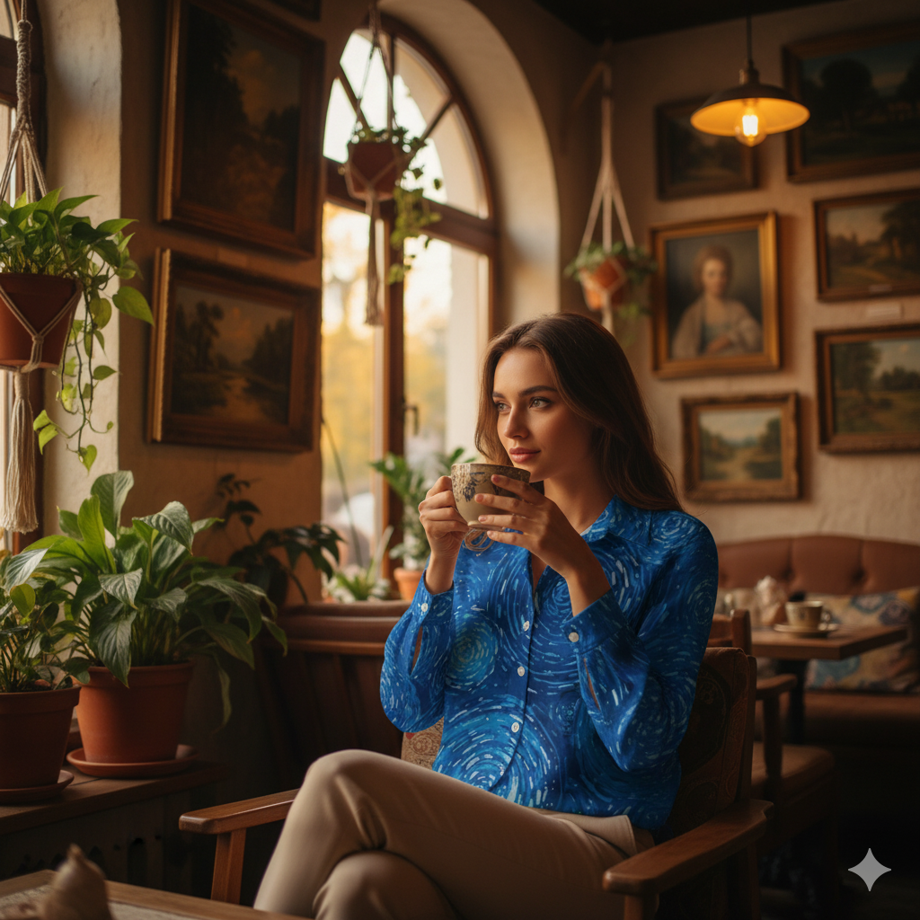 Chemise à ourlet asymétrique – manches longues, imprimé tourbillons bleus (S à 8XL) - Big Smiles All Sizes