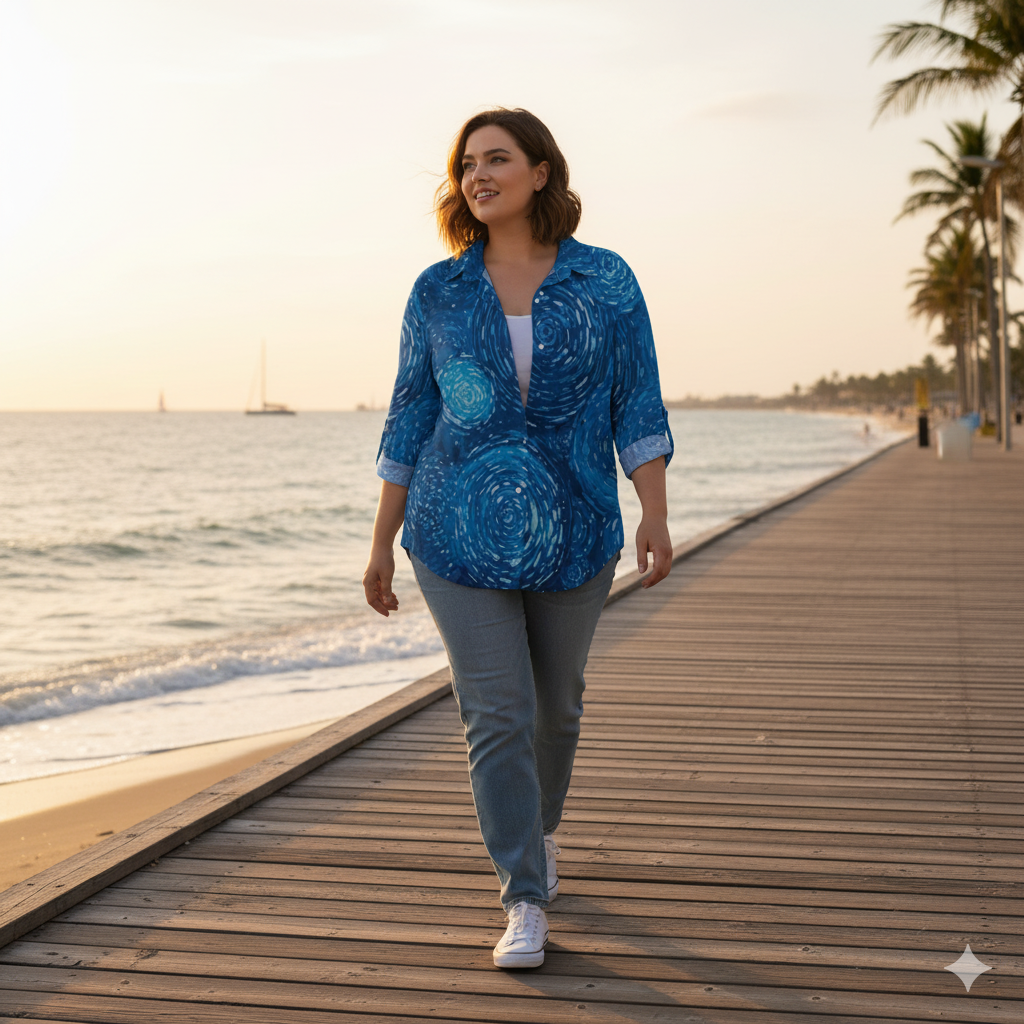 Chemise à ourlet asymétrique – manches longues, imprimé tourbillons bleus (S à 8XL) - Big Smiles All Sizes