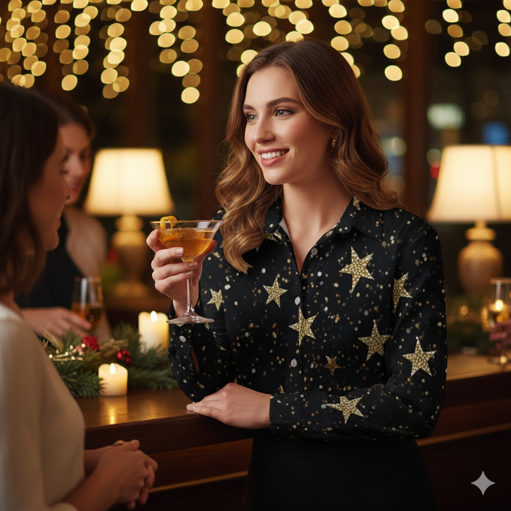 Chemise à ourlet asymétrique étoilée – manches longues, noir doré (S à 8XL) - Big Smiles All Sizes