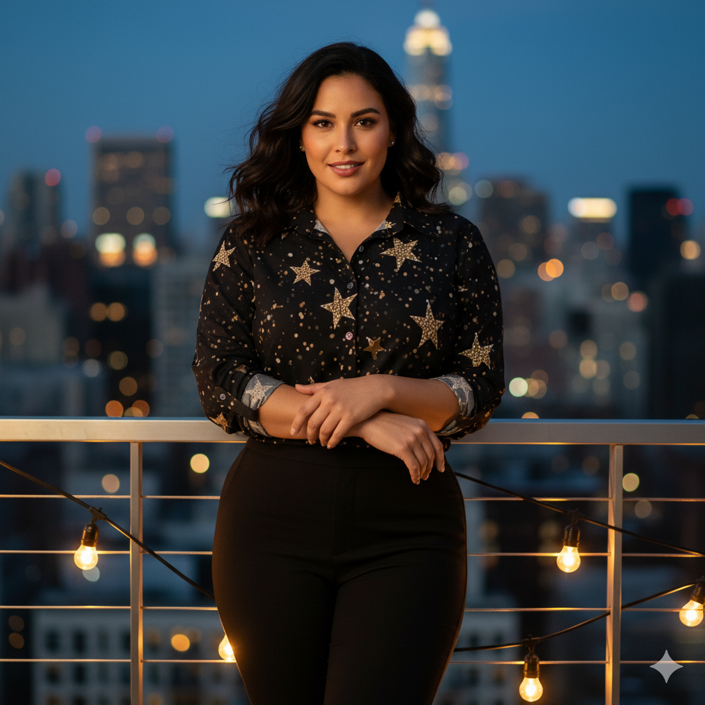 Chemise à ourlet asymétrique étoilée – manches longues, noir doré (S à 8XL) - Big Smiles All Sizes