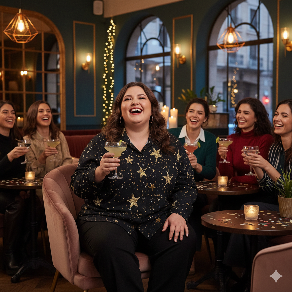 Chemise à ourlet asymétrique étoilée – manches longues, noir doré (S à 8XL) - Big Smiles All Sizes