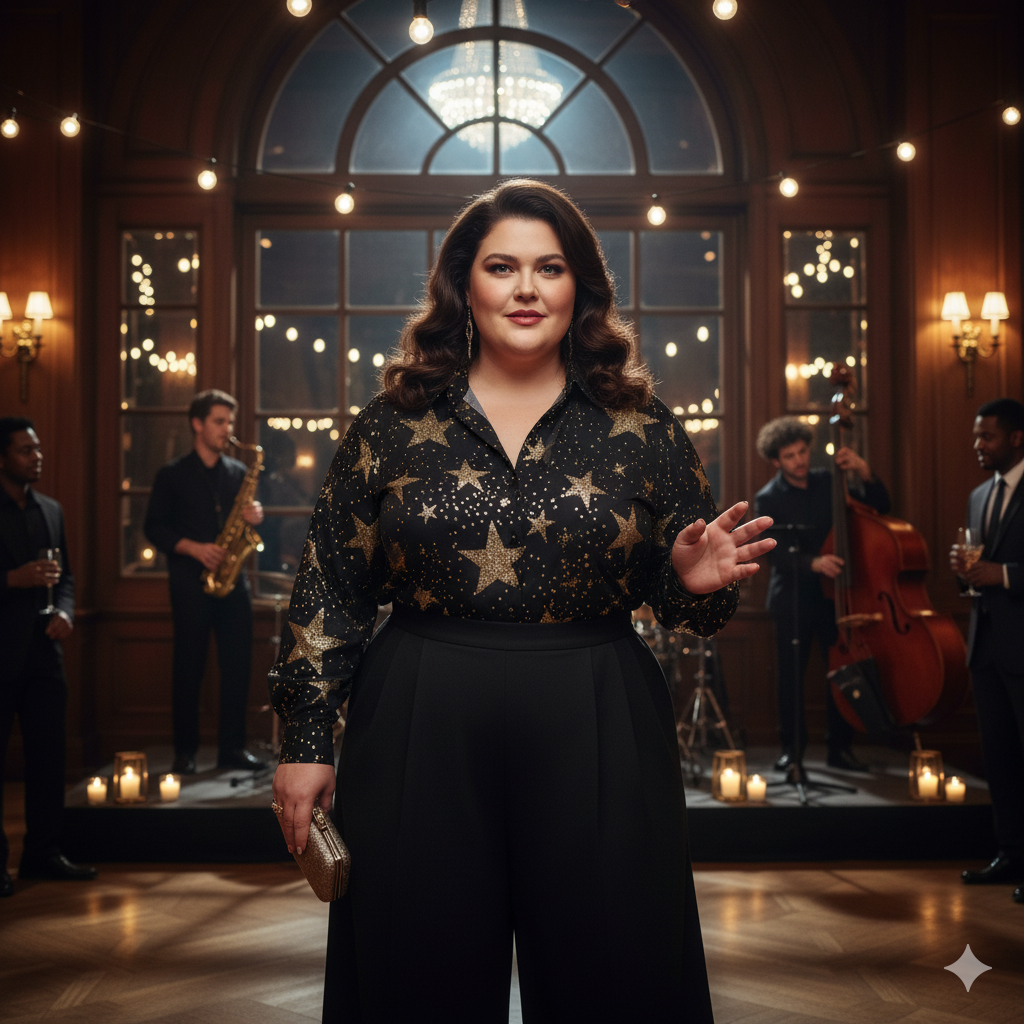 Chemise à ourlet asymétrique étoilée – manches longues, noir doré (S à 8XL) - Big Smiles All Sizes