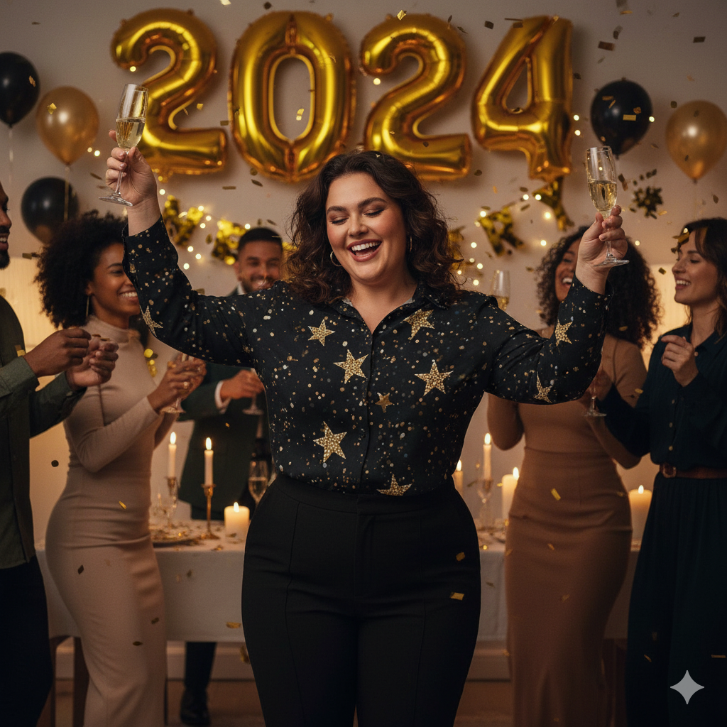 Chemise à ourlet asymétrique étoilée – manches longues, noir doré (S à 8XL) - Big Smiles All Sizes