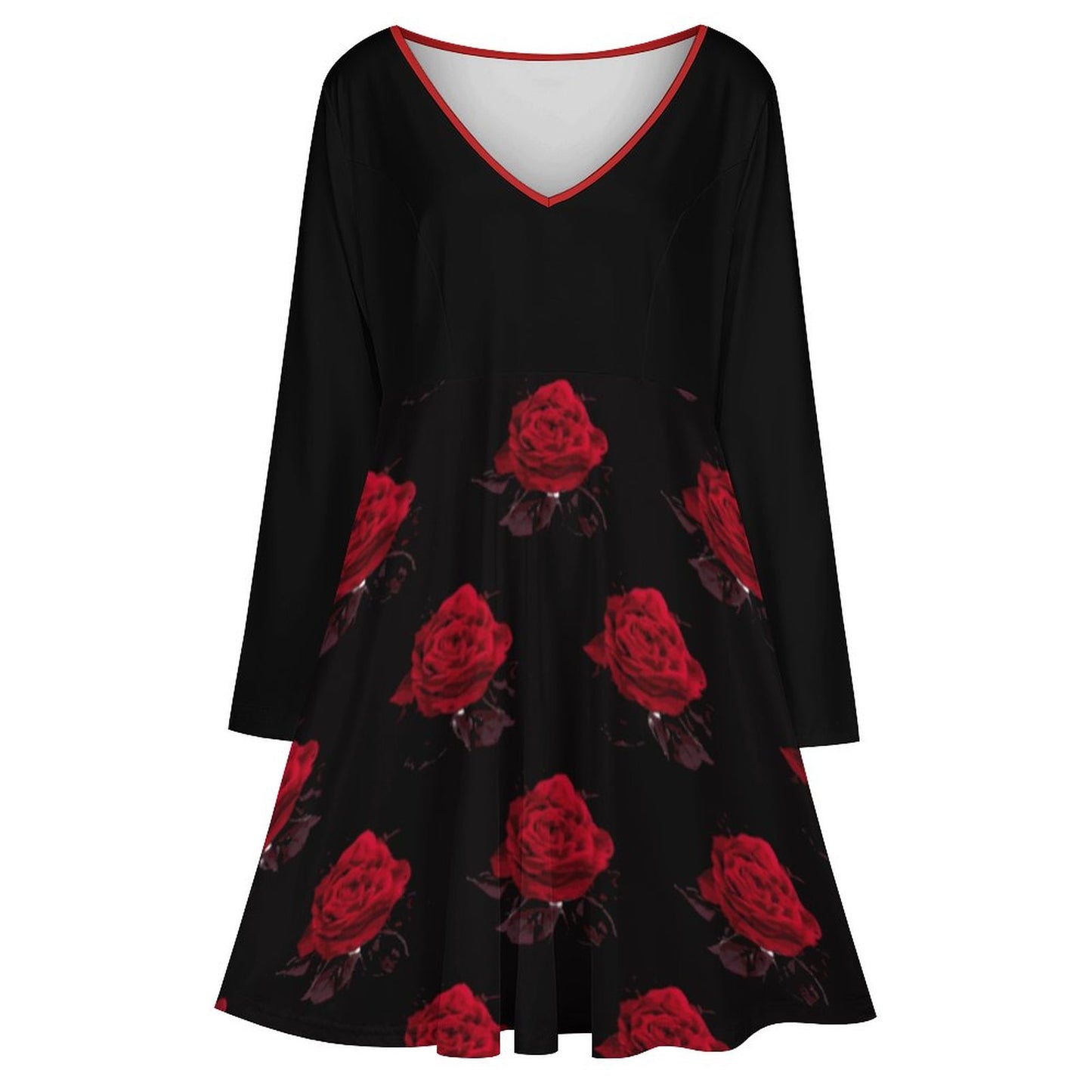 Robe grande taille col V roses rouges – manches longues, S à 8XL - Big Smiles All Sizes