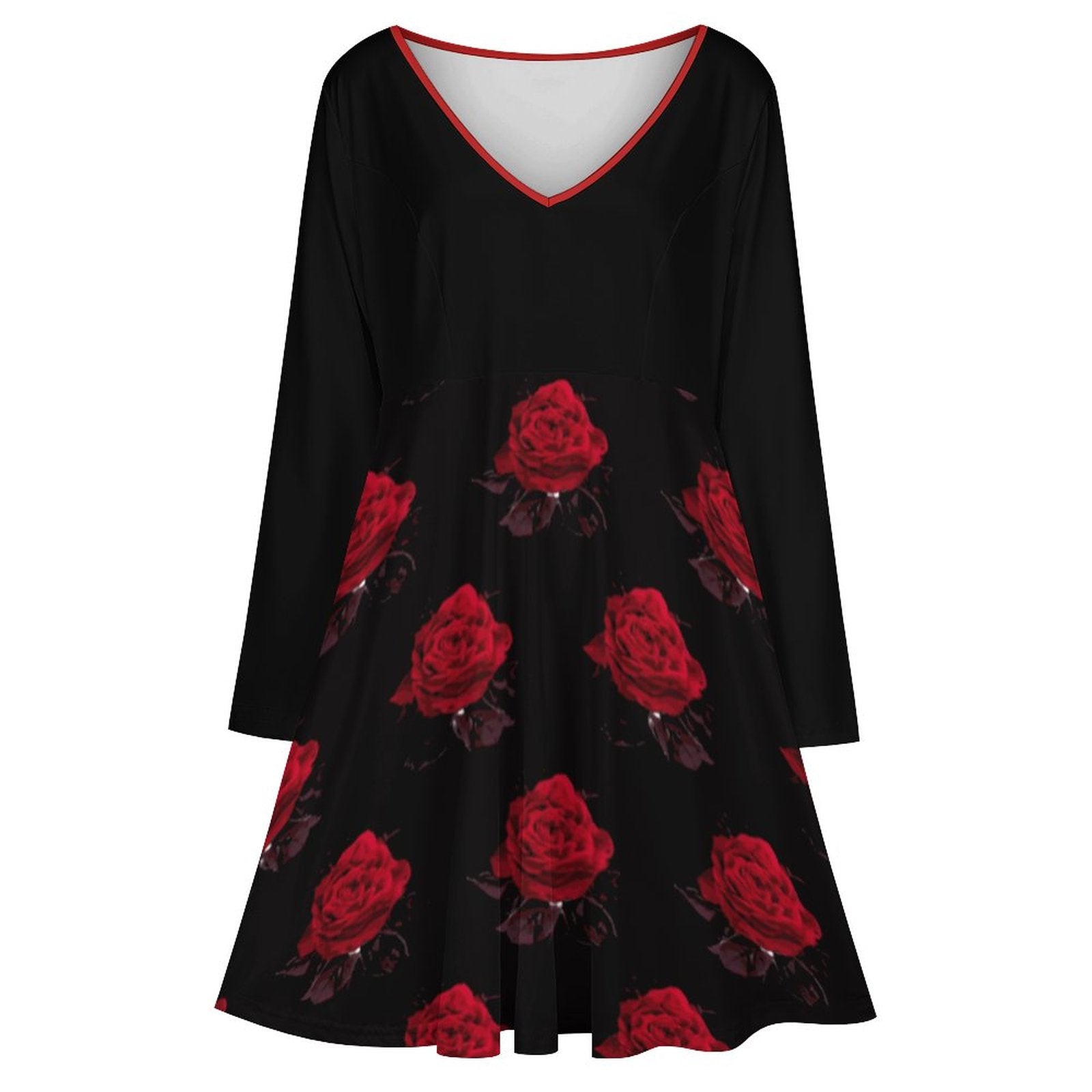 Robe grande taille col V roses rouges – manches longues, S à 8XL - Big Smiles All Sizes