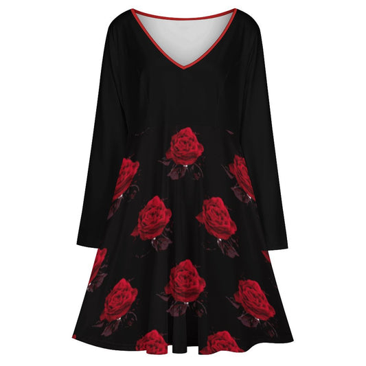 Robe grande taille col V roses rouges – manches longues, S à 8XL - Big Smiles All Sizes