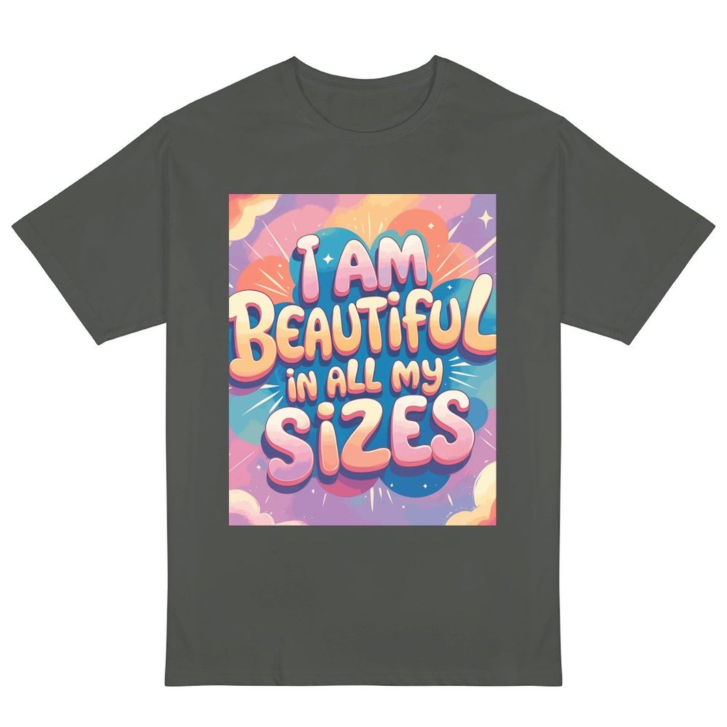“I Am Beautiful In All My Sizes” women’s t-shirt – 190g cotton, HD DTG printing, S to 6XL