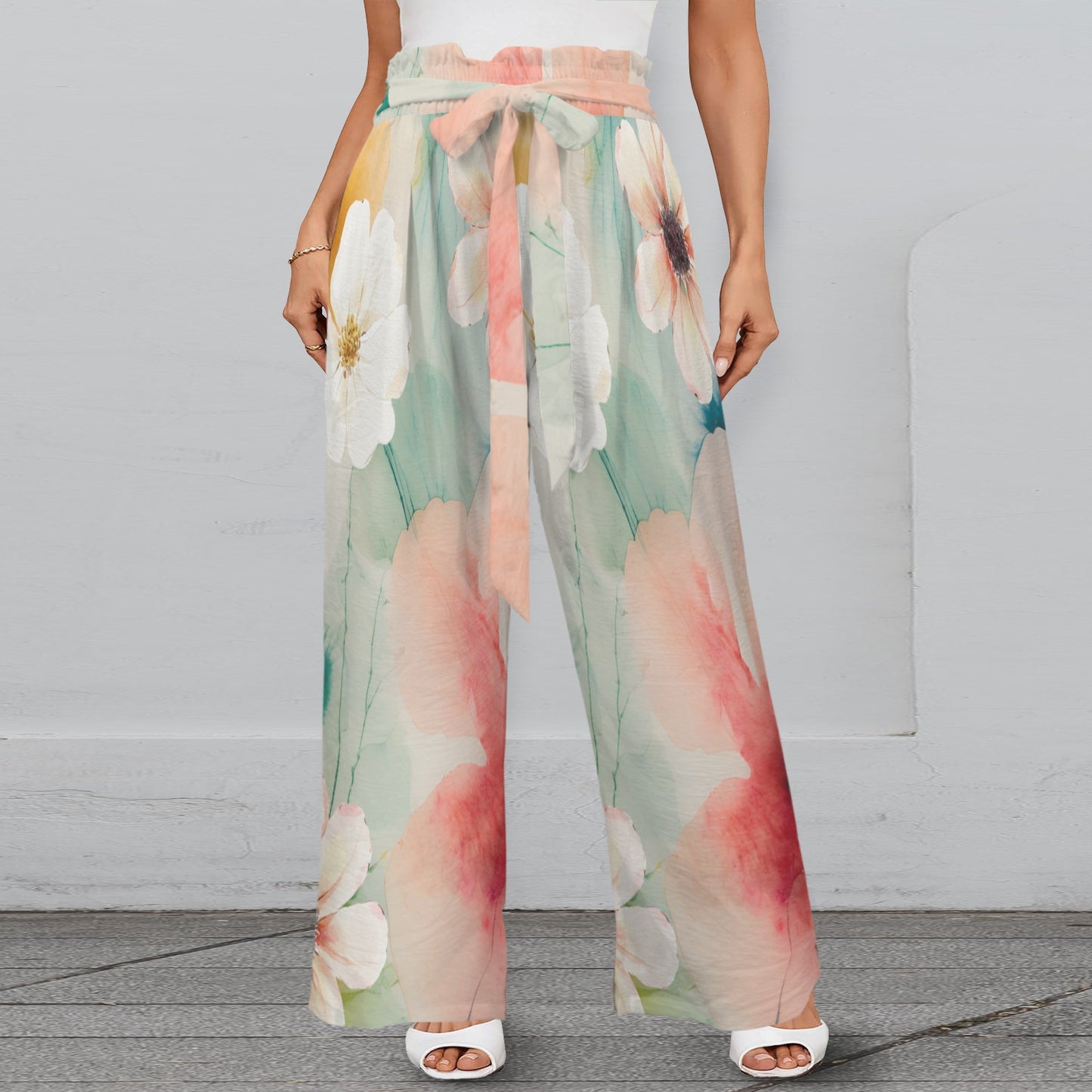 Pantalon large fleurs aquarelle – taille élastique à nouer & poches (S à 5XL) - Big Smiles All Sizes