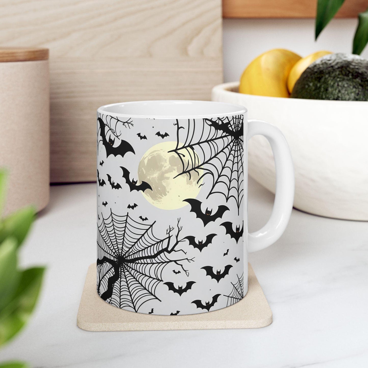 Mug Halloween 0.33 L/0.44 L, Tasse effrayante et mignonne chauves-souris, lune et toiles d’araignées | Cadeau original | Pumpkin Spice Latte