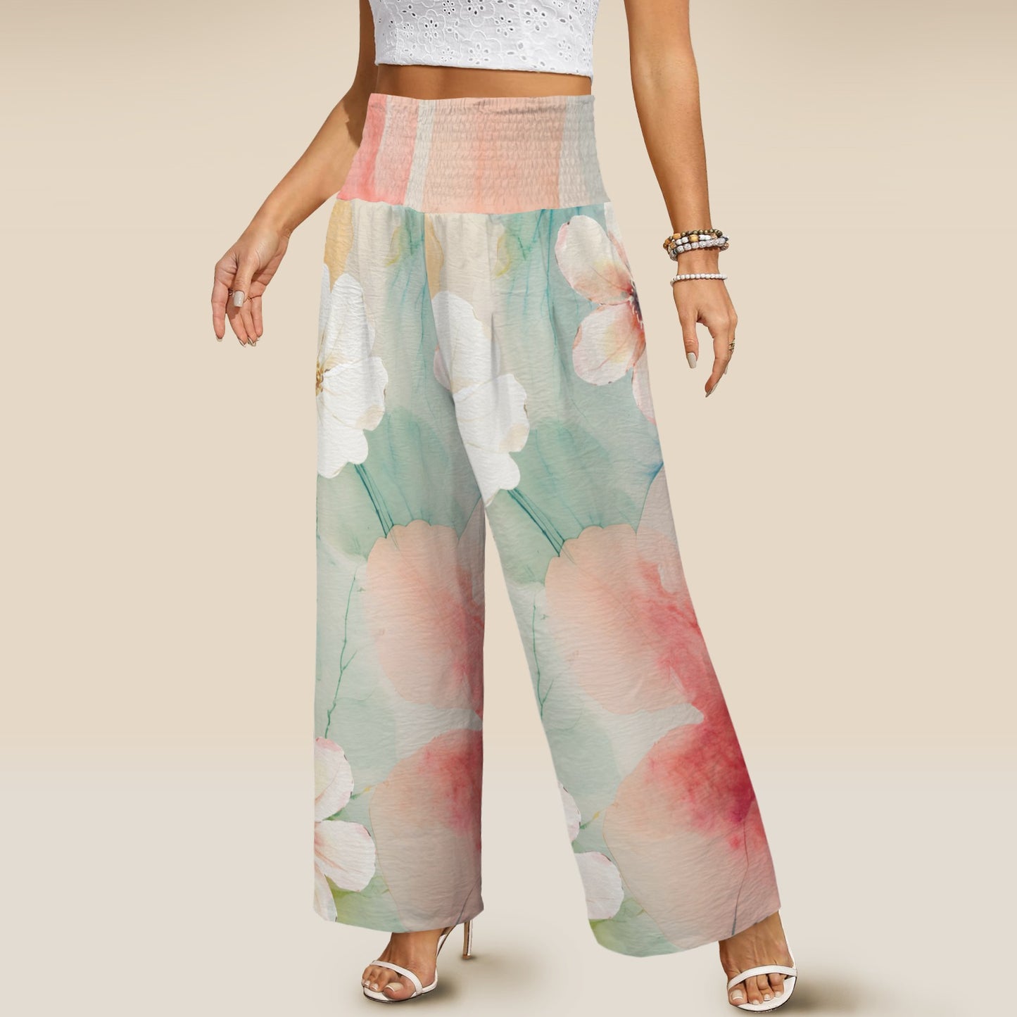 Pantalon large taille haute smockée avec poches – fleurs aquarelle (S à 5XL) - Big Smiles All Sizes