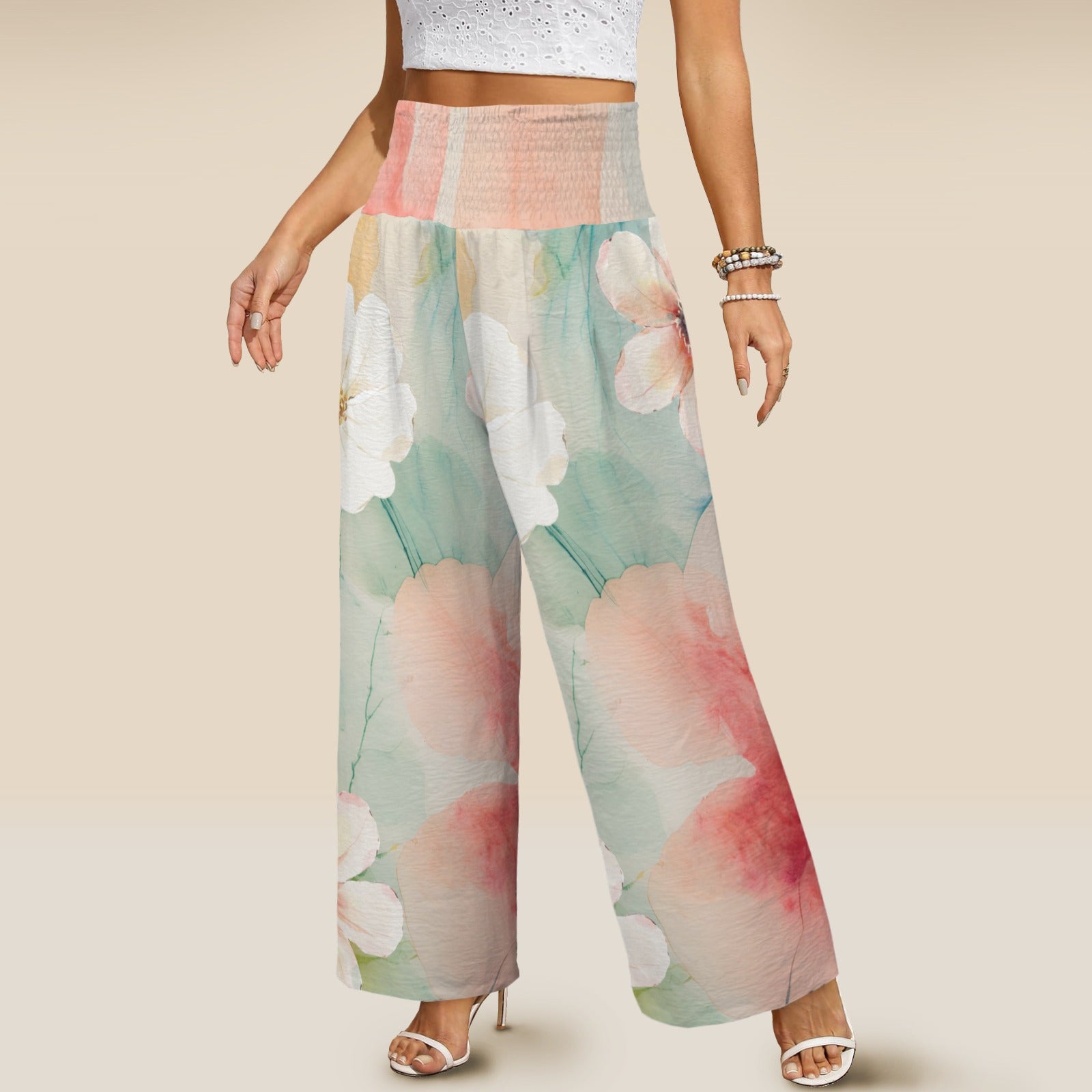 Pantalon large taille haute smockée avec poches – fleurs aquarelle (S à 5XL) - Big Smiles All Sizes