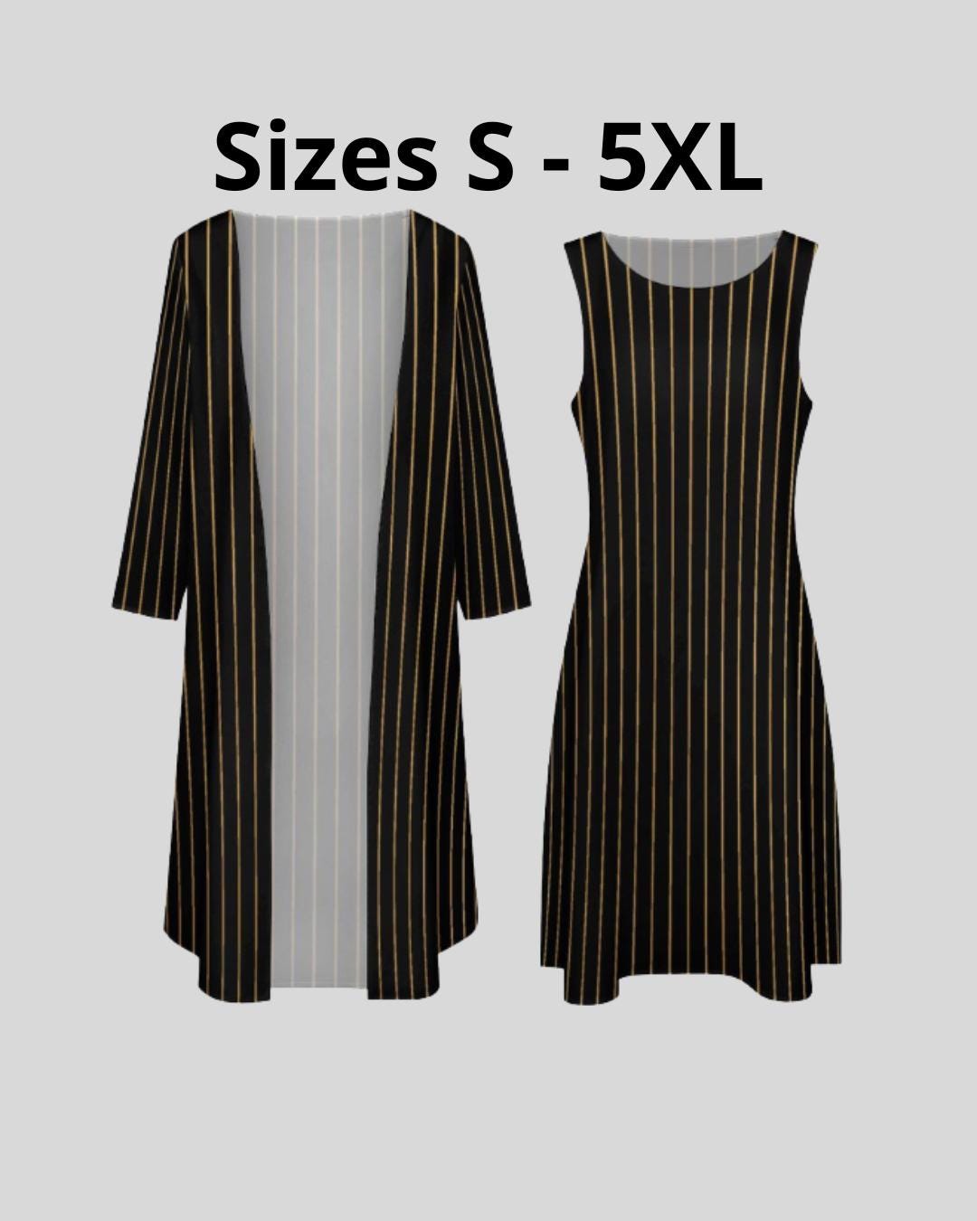Tailles S - 5XL |Ensemble robe & cardigan long | noir à fines rayures dorées |  invitée, cocktail, vacances