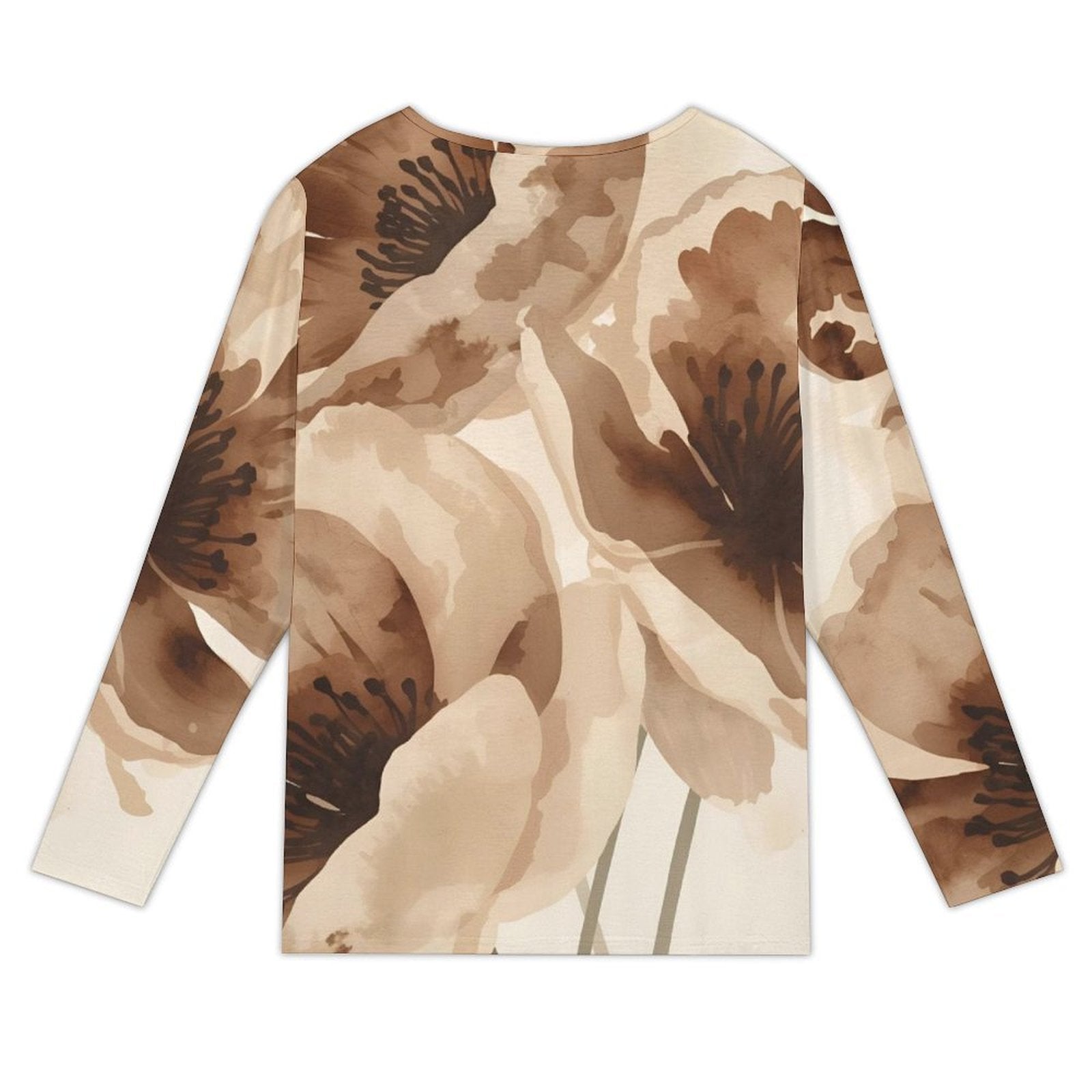 T-shirt femme manches longues à col asymétrique boutonné – imprimé fleurs brunes aquarelle (S à 5XL) - Big Smiles All Sizes