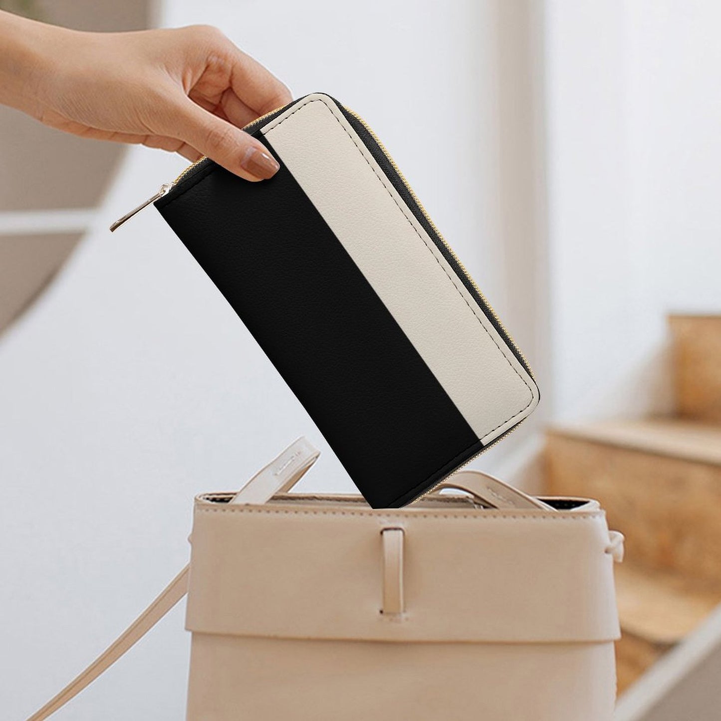 Portefeuille noir et beige en cuir vegan haut de gamme – Élégance intemporelle et grande capacité - Big Smiles All Sizes