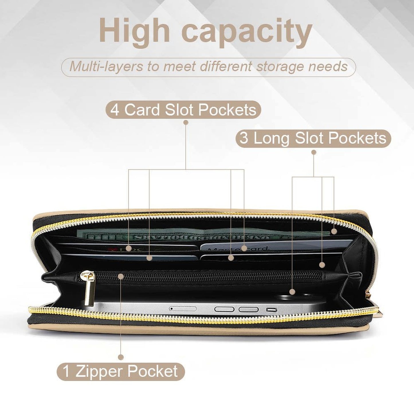 Portefeuille beige en cuir vegan haut de gamme – Élégance naturelle et grande capacité - Big Smiles All Sizes