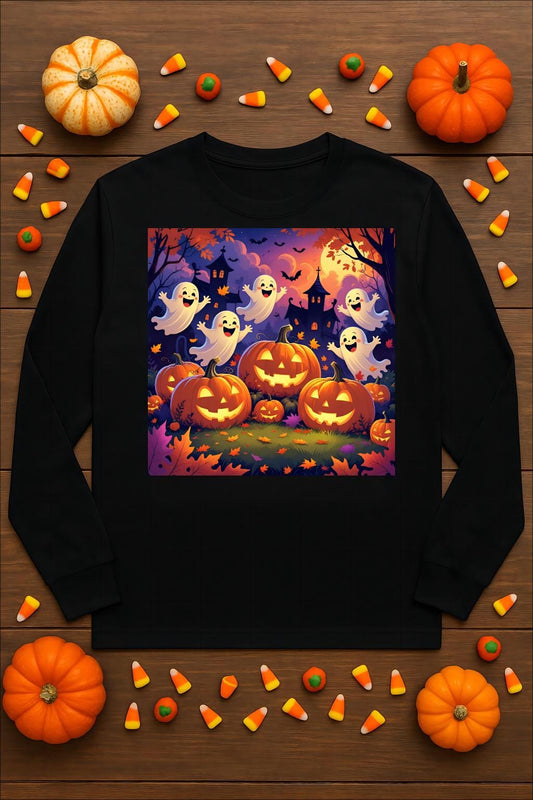 Tailles S–5XL T-shirt unisexe performance Halloween manches longues, fantômes & citrouilles, polyester