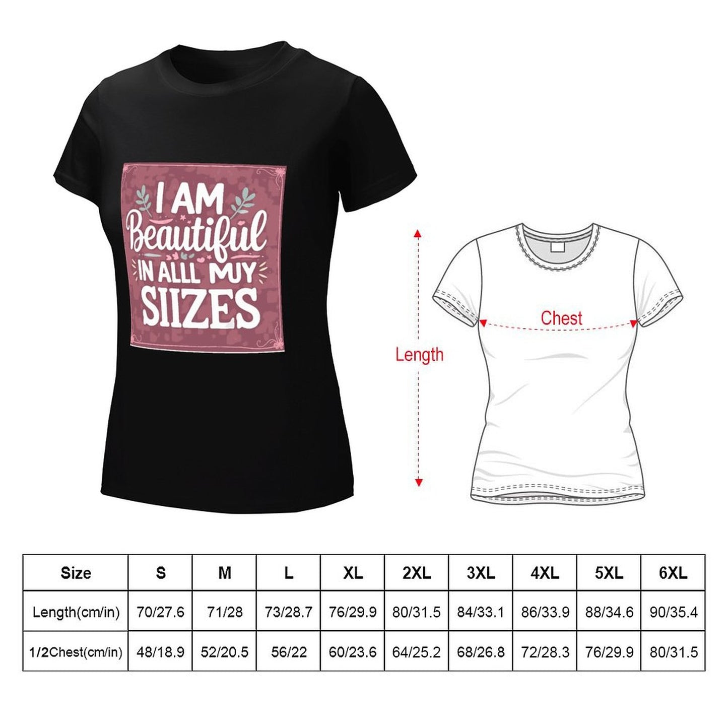 Camiseta burdeos para mujer «Soy guapa en todas mis tallas»: algodón de 190 g, impresión DTG HD, tallas S a 6XL.
