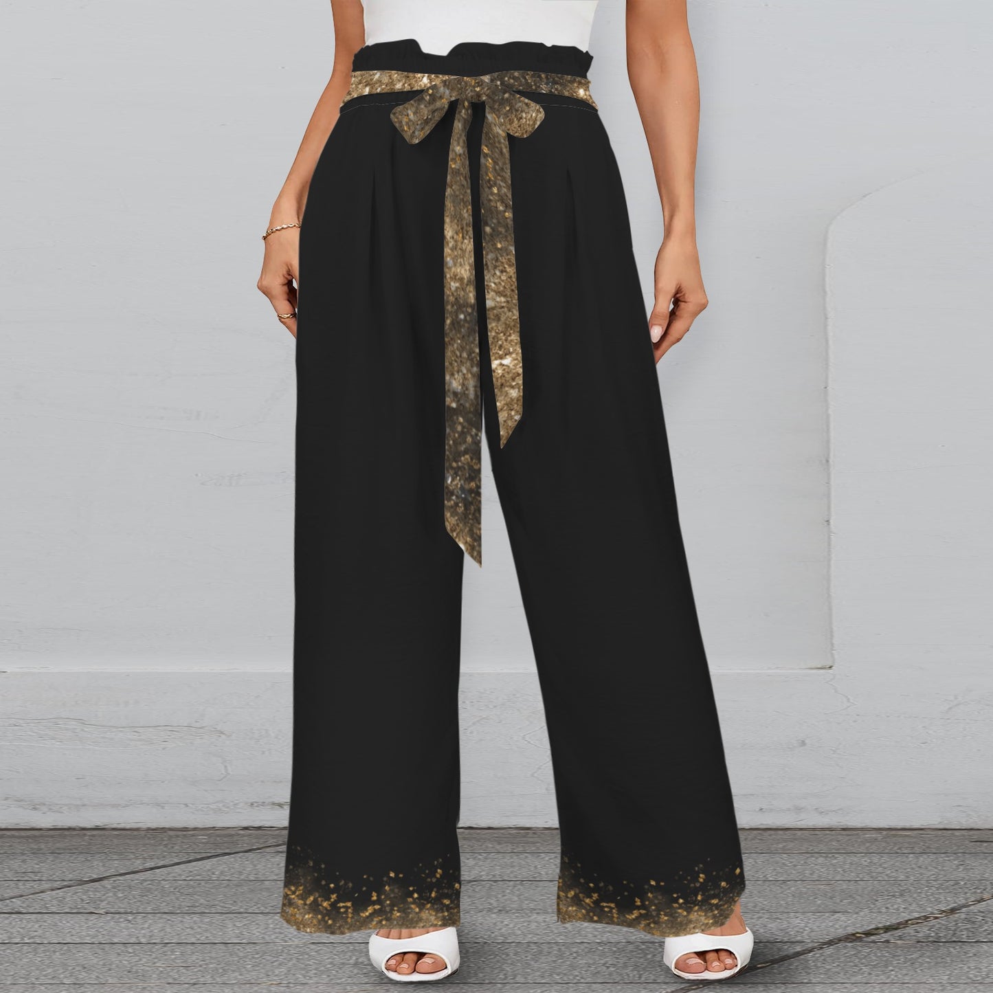 Pantalon large noir à taille élastique à nouer, détails dorés & poches – S à 5XL - Big Smiles All Sizes