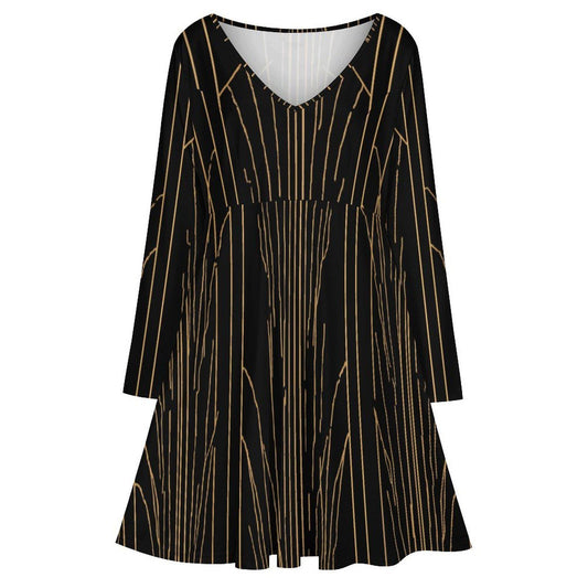 Du S au 8XL - Robe élégante grande taille noire et dorée à col V et manches longues | Imprimé intégral |  Big Smiles