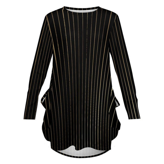 tailles S - 5XL Robe ample manches longues avec poches | noir à fines rayures dorées | imprimé intégral