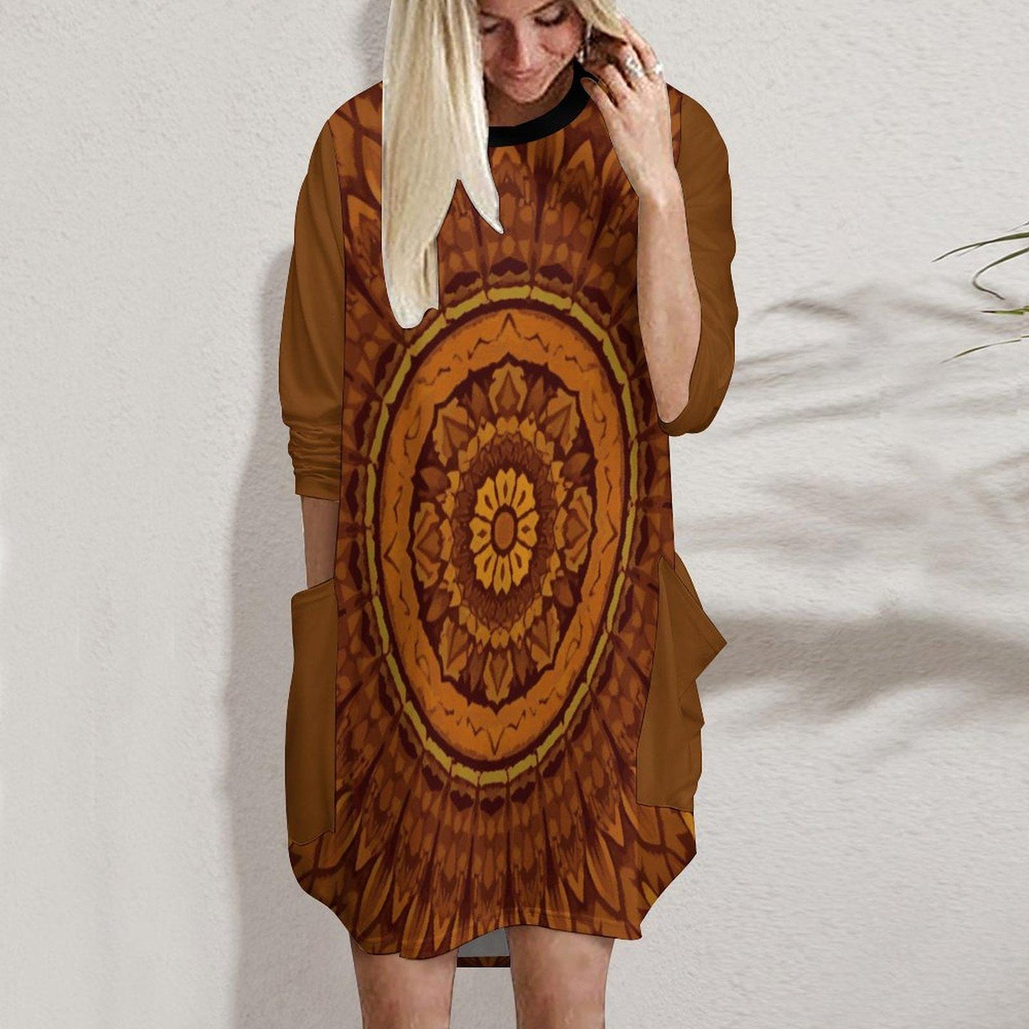 Robe ample avec poches S–5XL | Écharpe bohème mandala marron | Tunique longue douce et confortable