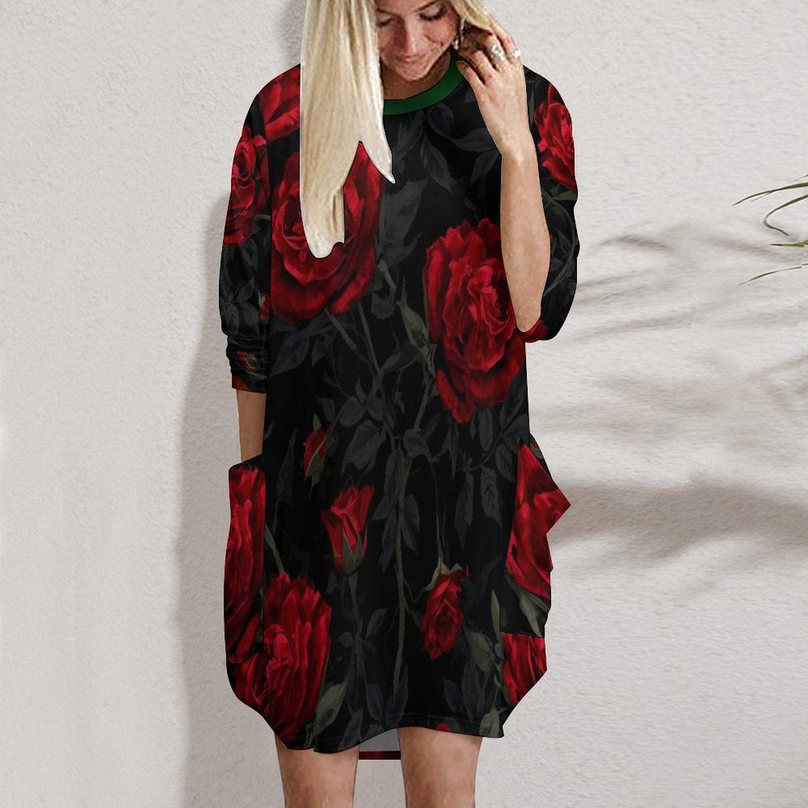 Robe ample à poches roses rouges – manches longues, S-5XL - Big Smiles All Sizes